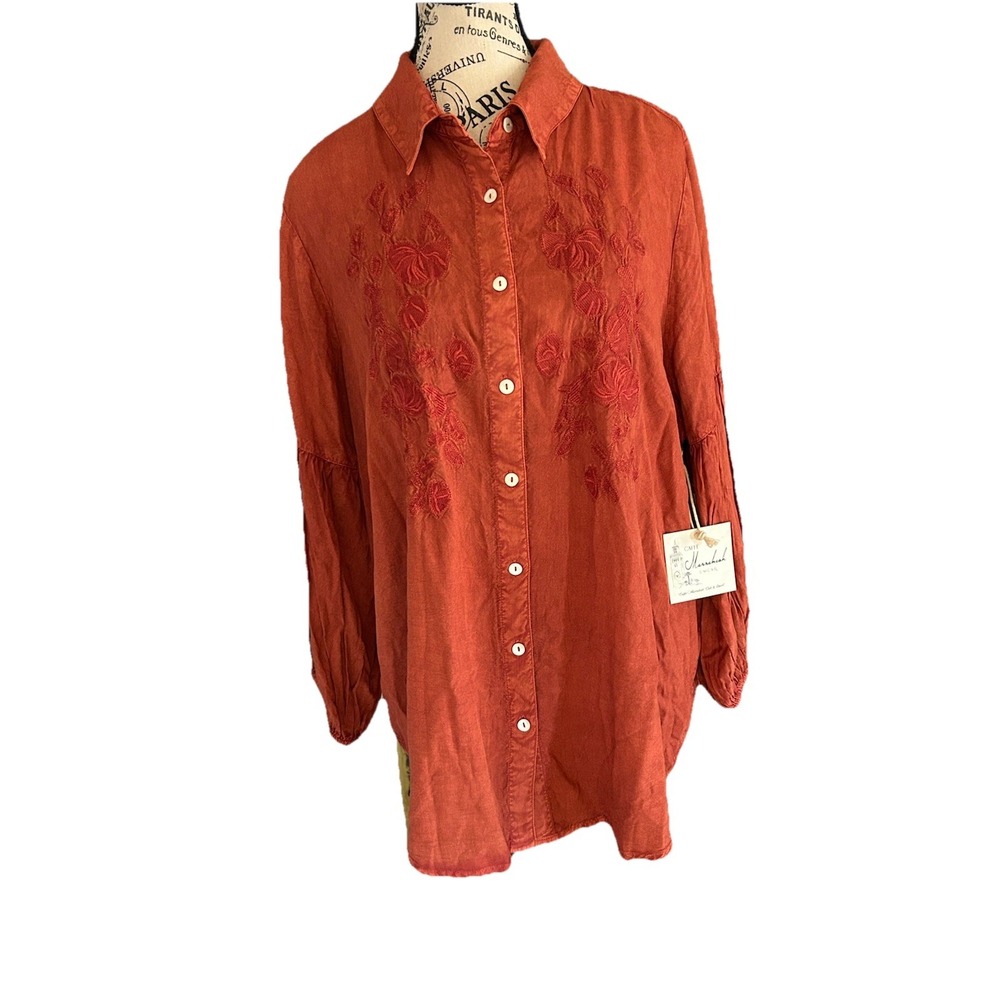 Caffe Marrakesh‎ Collared Rust Embroidered Long Sleeve Button Down Size Xl NWT